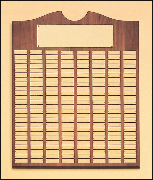Solid American Walnut perpetual plaque with traditional scalloped design top. Brushed gold brass plates, Individual plates are 7/8" x 2-3/4". Available with 15 plate combinations.