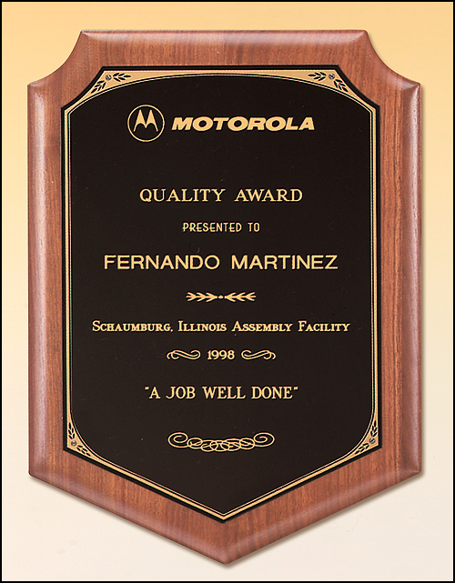 7"x8" Walnut shield plaque with printed border with a black brass plate. Available in 4 sizes.