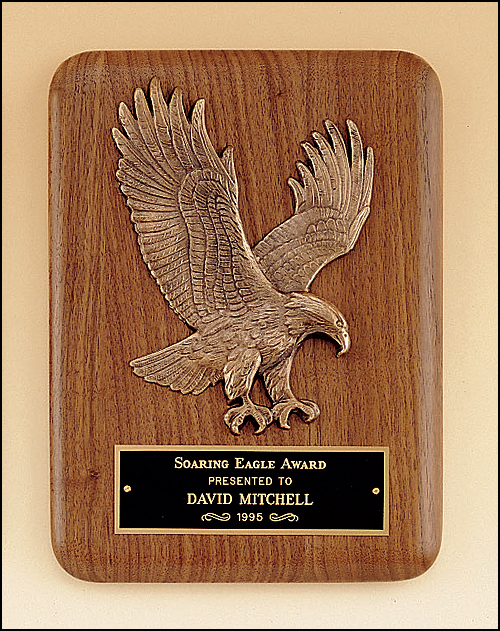 Walnut Plaque with Gold Cast Metal Eagle, Laser Engravable Black Brass Plate. Comes in 4 sizes and variants.