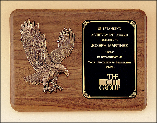 Walnut Plaque with Gold Cast Metal Eagle, Laser Engravable Black Brass Plate. Comes in 4 sizes and variants.