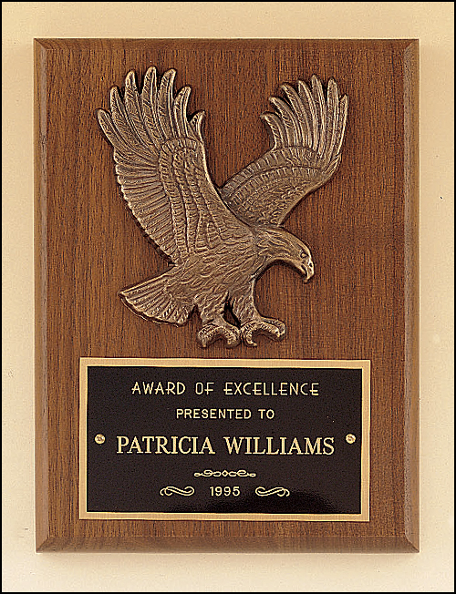 Walnut Plaque with Gold Cast Metal Eagle, Laser Engravable Black Brass Plate. Comes in 4 sizes and variants.