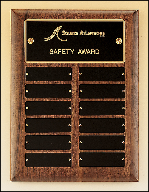 9"x12" 12 plates walnut perpetual plaque with precision elliptical edge. Black brass plates are 1"x3.25"