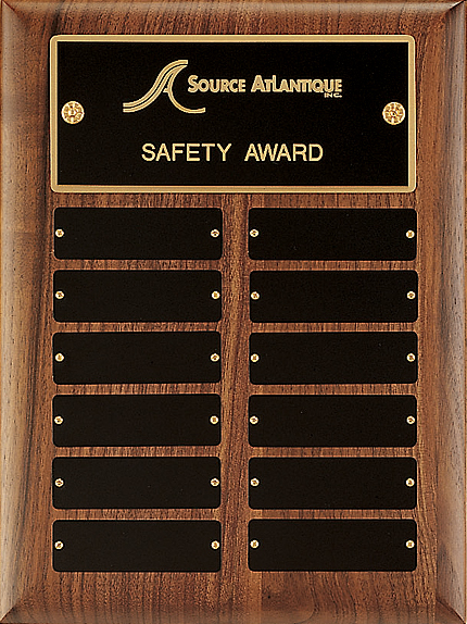 9"x12" 12 plates walnut perpetual plaque with precision elliptical edge. Black brass plates are 1"x3.25"