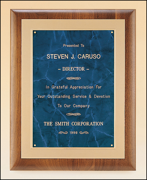 11"x14" Solid American walnut plaque with a frost gold back plate with bright gold embossed frame with blue marble center plate.