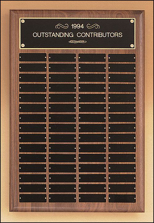 Solid American walnut perpetual plaque with precision elliptical edge. Black brass plates are 1"x3.25". Available with 6 plate combinations.