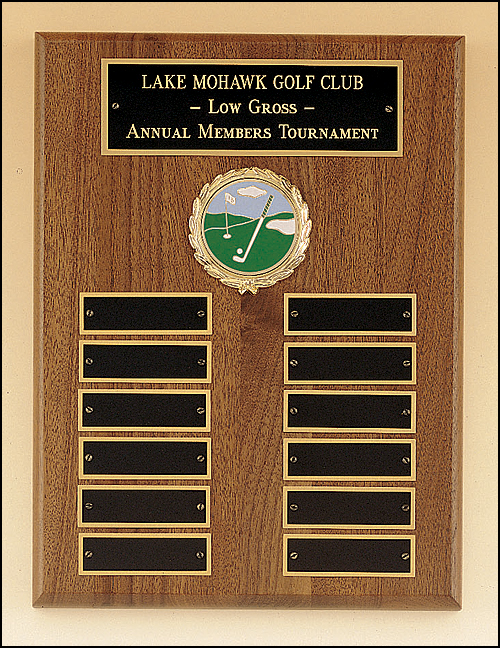 9"x12" American Walnut Plaque with 12 Black Brass Individual Plates, with gold insert holder