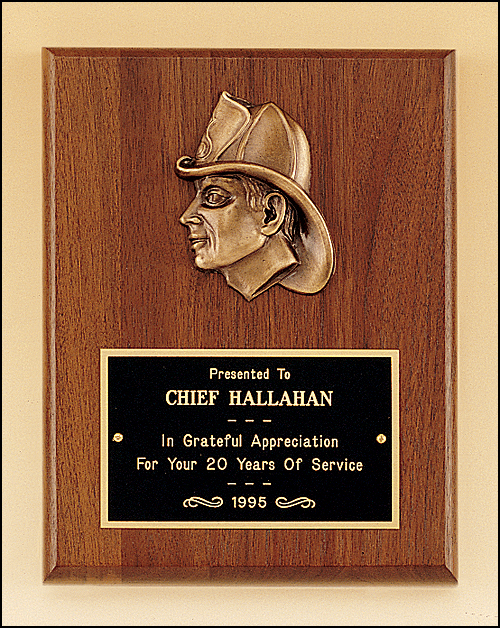 Walnut Plaque with Firefighter Head Bronze Cast, Laser engravable Black Brass plate. Available in 2 sizes.