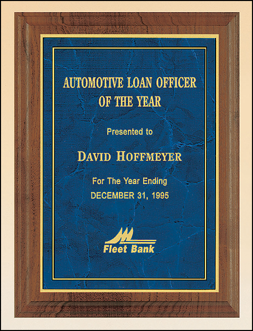 Milano series solid American walnut plaque featuring a blue marble plate with gold and blue and black boarder. Available in 4 sizes