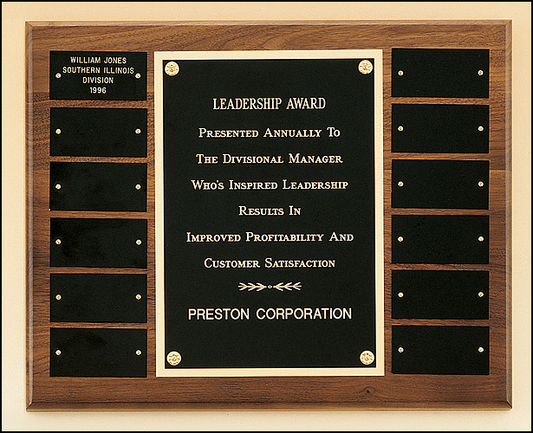 12"x15" 12 plate walnut perpetual plaque with large black brass center plate. Black brass plates are 1"x3"