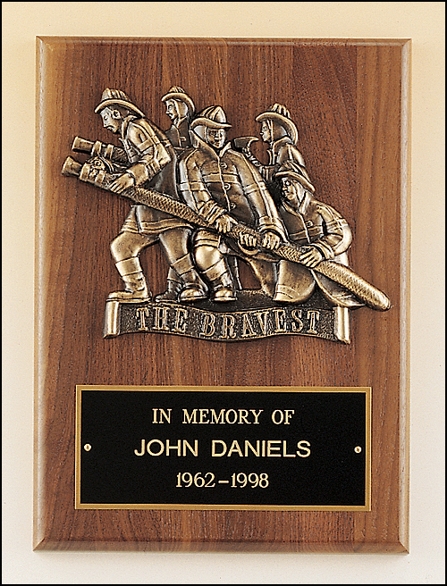 9"x12" Walnut Plaque with Bronze Firfighting Scene Cast, Laser engravable black brass plate
