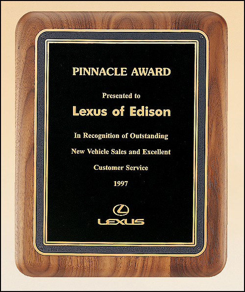 Solid Walnut Rounded corners Plaque with a black florentine border and black textured center. Available in 3 sizes.