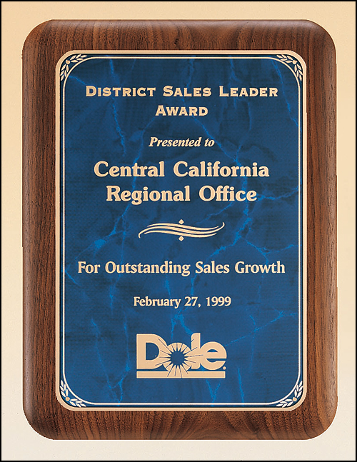 Solid American walnut plaque with rounded corners featuring a blue marble plate with gold leaf design border. Available in 3 sizes