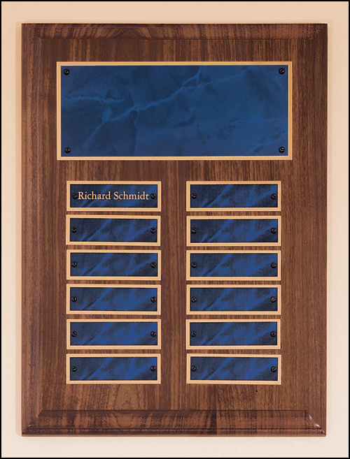 Solid American walnut perpetual plaque with blue marble plates with 2 plate combinations