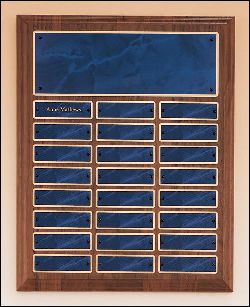 Solid American walnut perpetual plaque with blue marble plates with 2 plate combinations