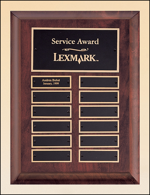 9"x12"Cherry Finish Plaque with 12 Black Brass Individual Plates, Individual Plates .875"2.75"