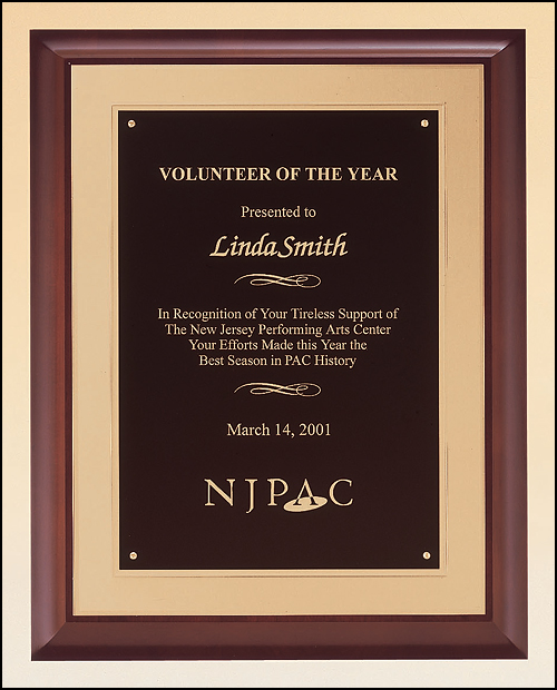 11"x14" Cherry Plaque with with a black brass plate on a gold embossed back plate.