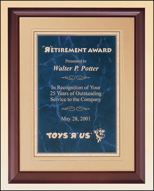 11"x14" Cherry finish plaque board blue marble plate with gold florentine borderer on a gold embossed back plate