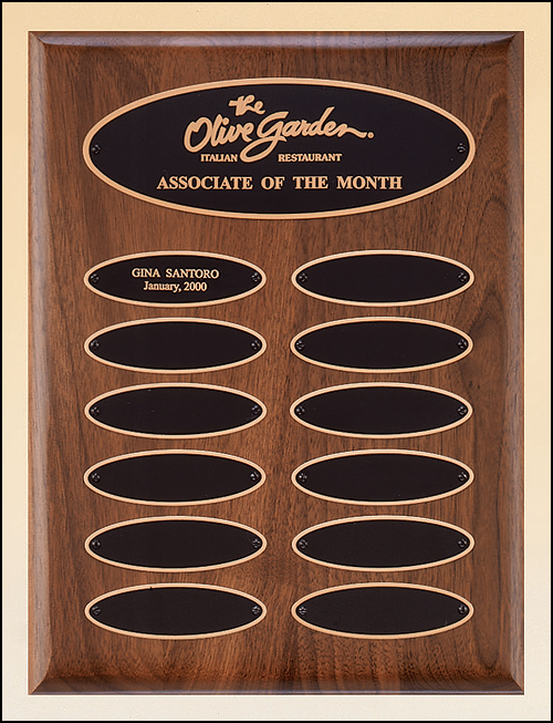 9"x12" Solid American walnut perpetual plaque with 12 elliptical plates, individual plates are 1"x3.25"