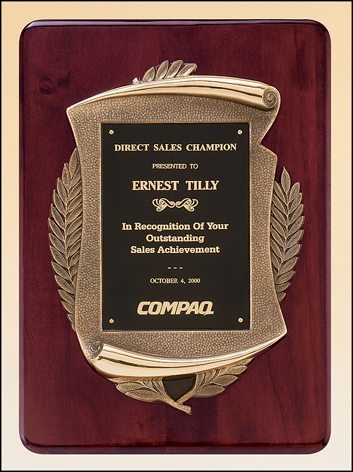 11"x15" Rosewood stained piano finish plaque with an antique bronze finished frame scroll casting and black brass plate for engraving