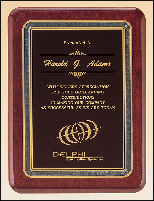 Rosewood piano finish plaque with gray Florentine border and black textured center. Available in 3 sizes.