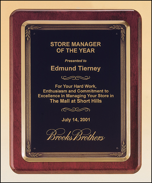 10.5" x 13" Rosewood stained piano finish plaque with antique bronze plated metal frame casting with black brass plate for engraving.