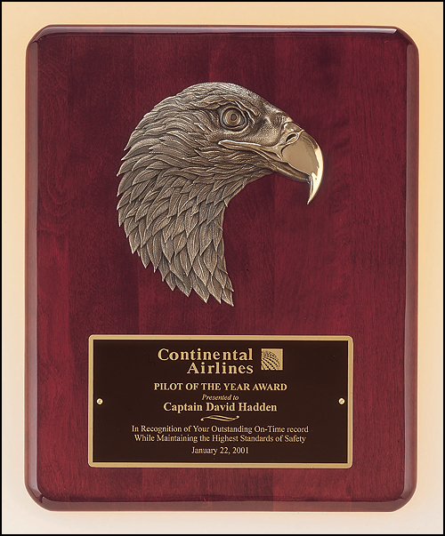 Rosewood Piano Finish Rounded Corner Plaque with Bronze Cast Metal Eagle Head, Laser Engravable Black Brass Plate. Available in 2 sizes.