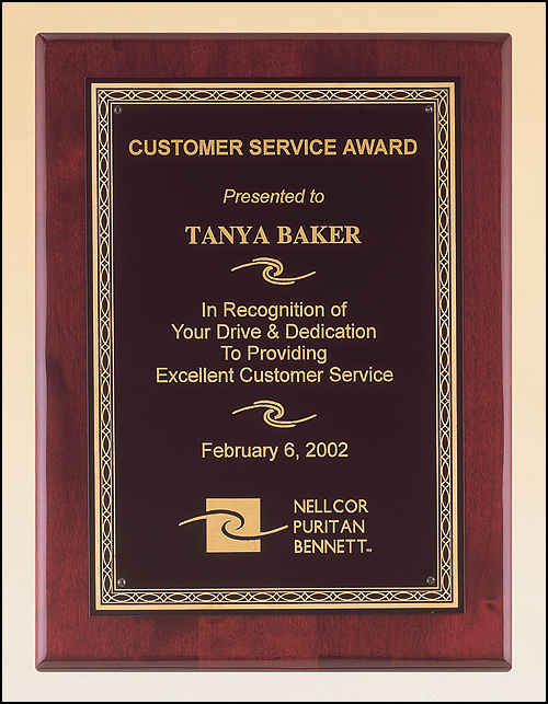 Rosewood Piano finish Plaque with gold Ornate border. Available in 4 sizes.