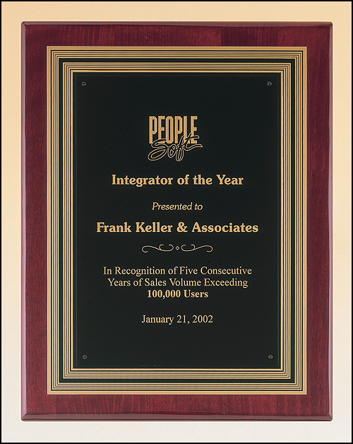 11"x14" Rosewood piano finish plaque with a black and gold embossed back-plate and black brass engraving plate