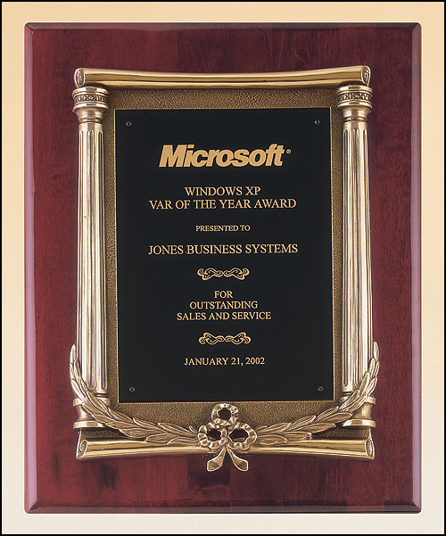 10.5"x13" rosewood piano finish plaque with an antique gold finished frame with columns and black brass engraving plate