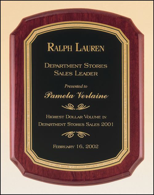 Rosewood Piano finish notched corners Plaque with gold florintine border. Available in 4 sizes.