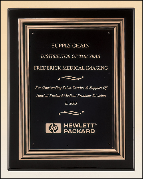 11"x14" Black piano finish plaque with antique bronze plated metal frame casting