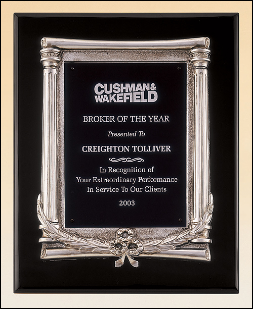 10.5"x13" Black piano finish plaque with an antique silver finished frame with columns and black aluminum engraving plate
