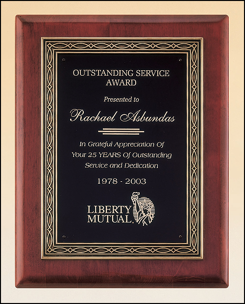 11"x14" Rosewood stained piano finish plaque with an antique bronze finished frame casting and black brass engraving plate