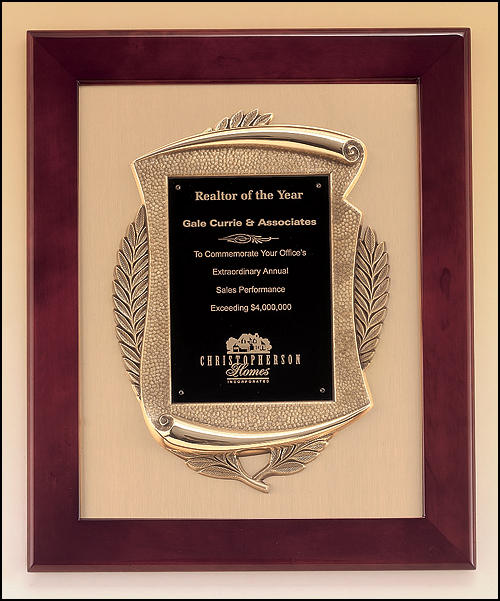 14"x17" Rosewood stained piano finish  frame with antique bronze scroll casting with black brass plate on brush gold metal background