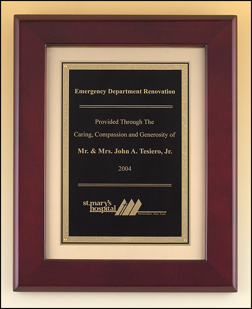 12"x15" Rosewood stained piano finish frame with black brass engraving plate on brush gold metal background
