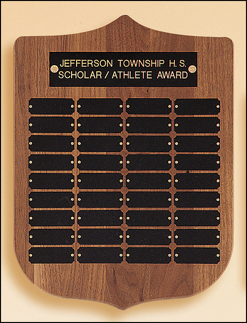 12"x15" 36 plates walnut shield style perpetual plaque Individual black brass plates are 7/8" x 2-1/2