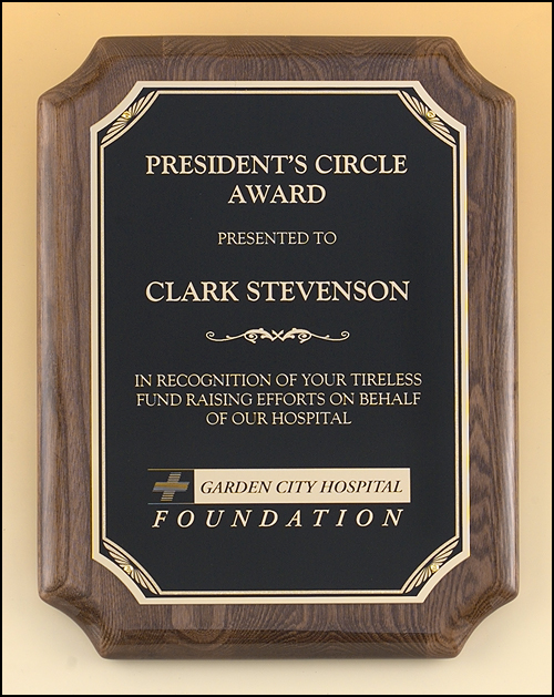 Walnut Piano finished Notched Corners Plaque with Laser Engravable Gold Sunburst design Black Brass plate. Available in 3 sizes.