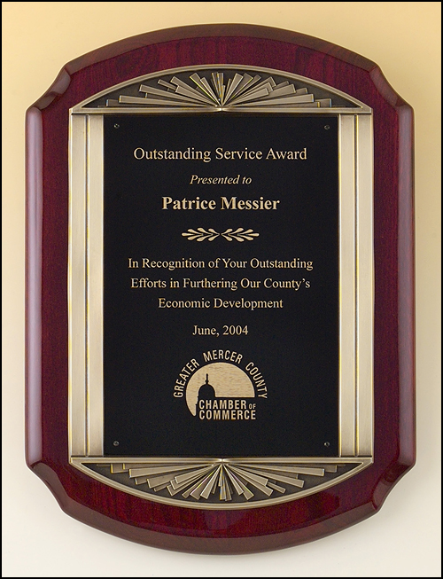 11"x15" Rosewood stained piano finish plaque with an antique bronze finished frame sun bursting top and bottom casting and black brass engraving plate.