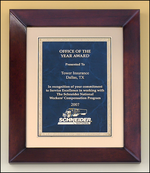 12"x15" Cherry finish frame plaque with blue marble plate with gold florentine borderer on a brushed metal gold background