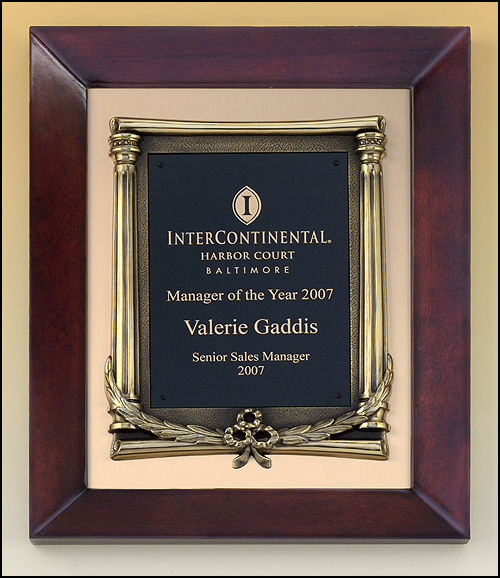12"x15" Cherry finish frame plaque with antique bronze finished cast frame with columns and a black brass plate on brushed metal gold background