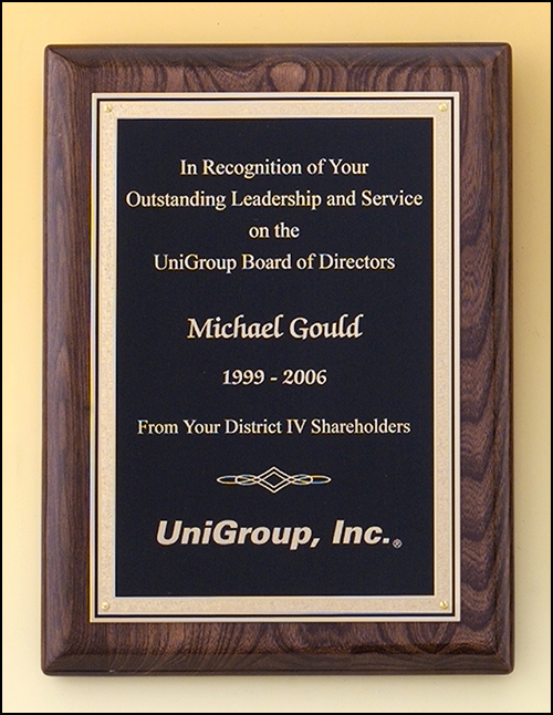 Walnut piano finish Plaque with Laser engravable black brass plate. Available in 3 sizes.