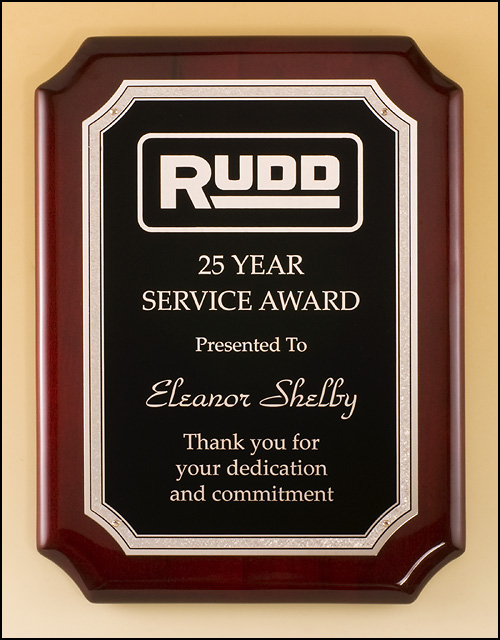 High gloss rosewood finish notch corner plaque with Silver florentine border with textured black center. Available in 3 sizes.