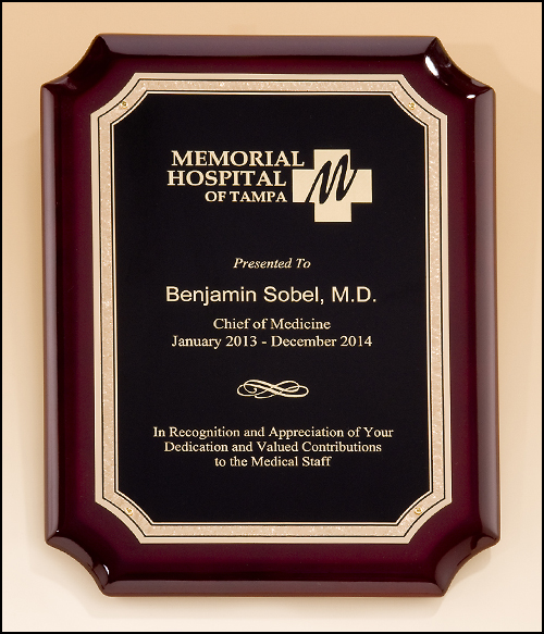 High gloss rosewood finish notch corner plaque with gold florentine border plate. Available in 4 sizes.