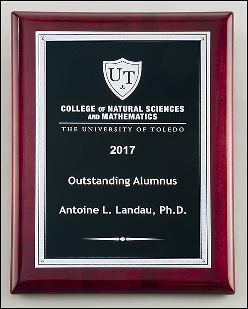 Rosewood piano finish plaque with Silver florentine border with textured black center. Available in 3 sizes.