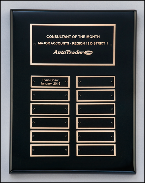 Black stained piano finish perpetual plaque with 2 plate combinations.