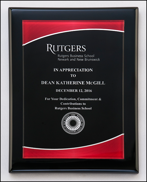 Black piano-finish plaque featuring an acrylic plate with red border. Available in 3 sizes.