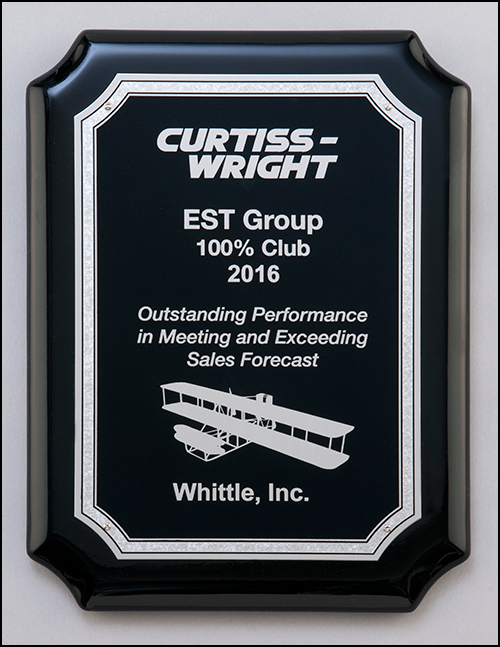 Black piano finish notched corners plaque with silver florentine border plate. Available in 3 sizes