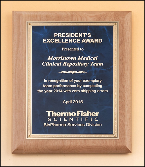 Natural alder wood featuring a blue marble plate with gold florentine border. Available in 3 sizes