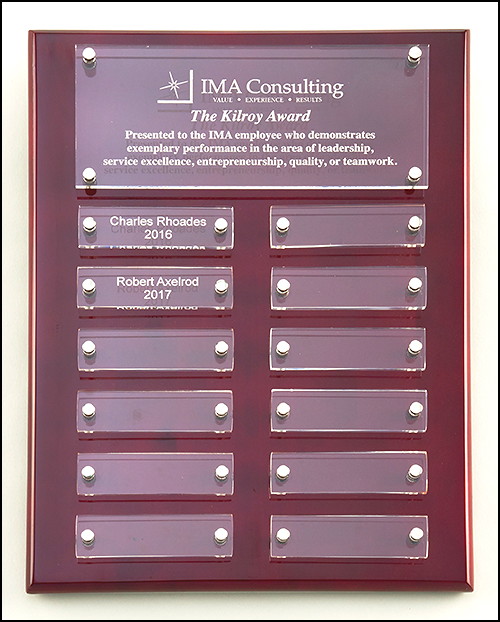 9"x12" Rosewood Plaque with 12 Individual Acrylic Plates, Plate Sizes .875"x2.75"