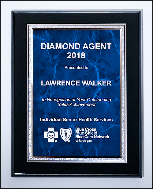 Black paino finished plaque featuring a blue marble plate with silver florentine border. Available in 3 sizes.